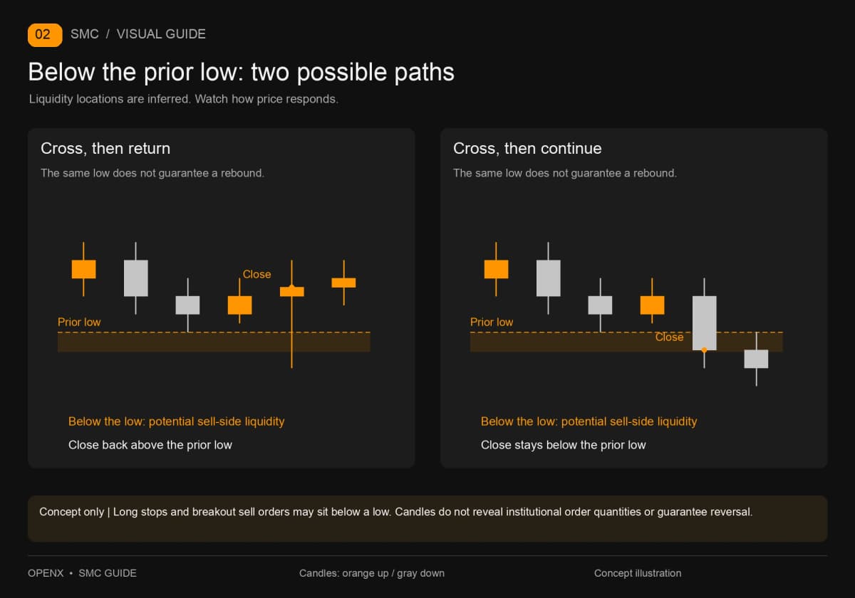 Potential liquidity below the same prior low, contrasting a return above it with continued decline. Potential liquidity below the same prior low, contrasting a return above it with continued decline.