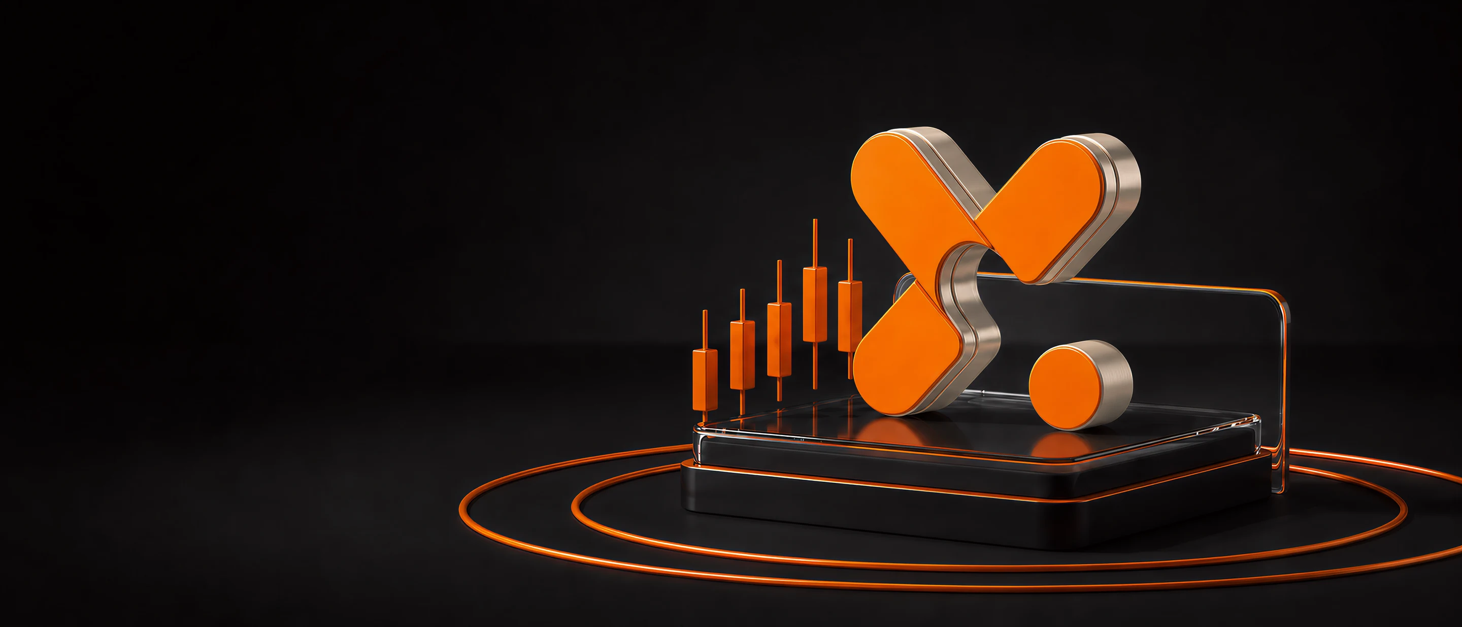 OpenX 香檳金 X 標誌立於玻璃基座上,背後一組上升的 K 線