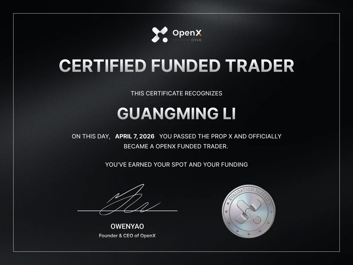 Certified Funded Trader 銀級證書樣本圖：深色版面，上方 OpenX ONE 標誌與標題，中央姓名欄，右下角 EVALUATION PASSED 銀色徽章